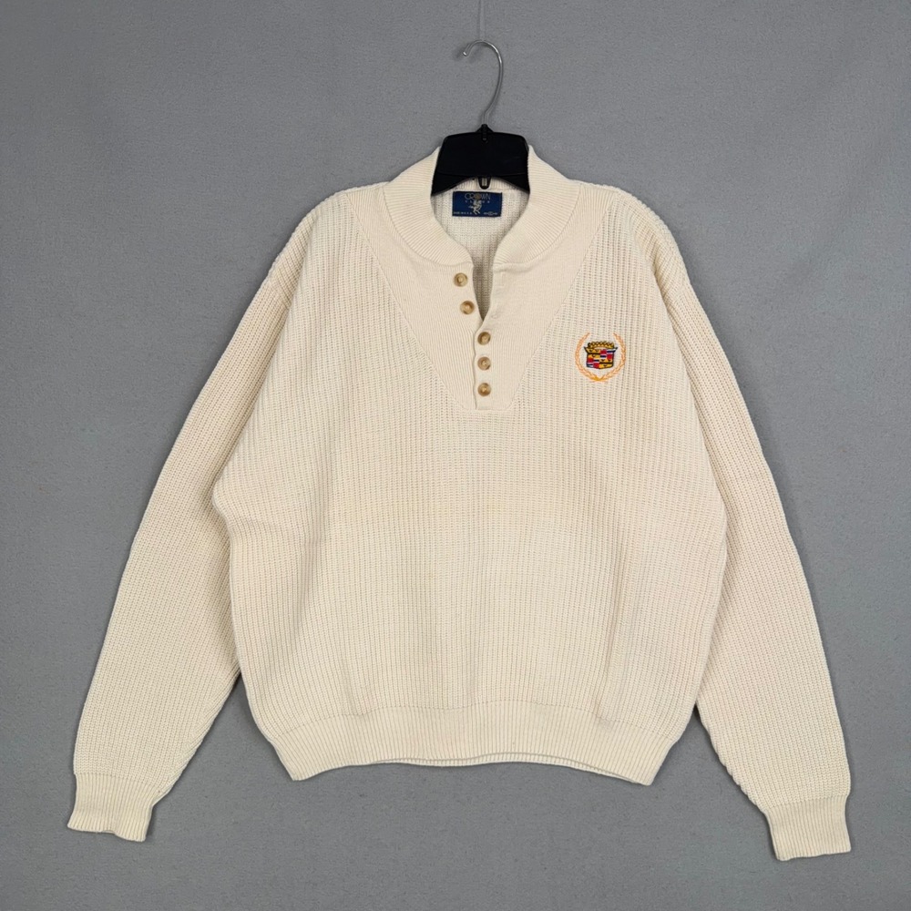 Vintage Cadillac Sweater Mens XL Cream Ribbed Logo Henley Preppy USA Crown Club